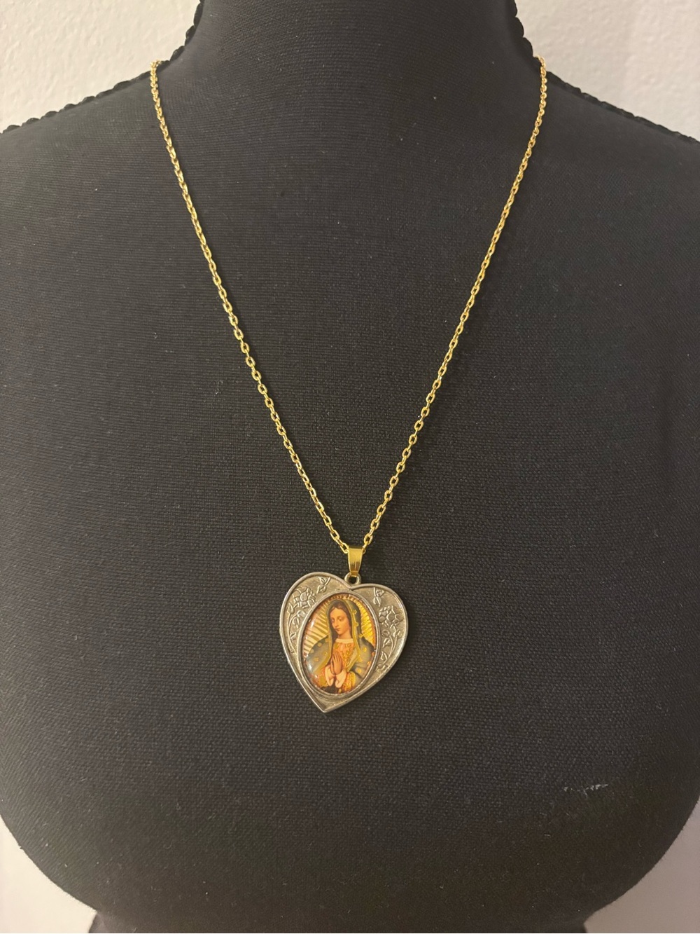 Gold-Silver tone - Heart Virgin Mary Pendant Necklace - Religious Women Jewelry